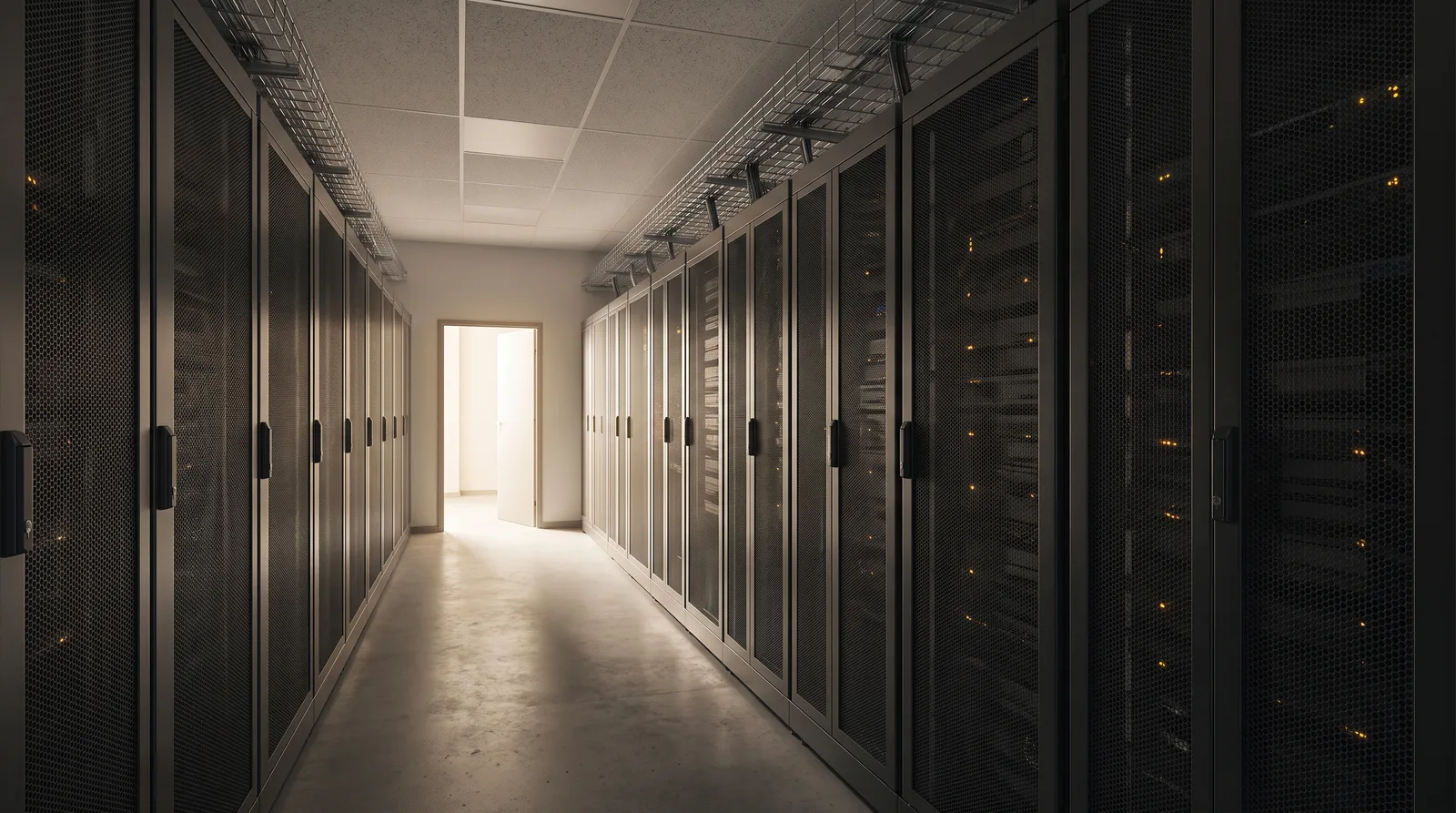 AI-generated illustration of a contemporary server aisle