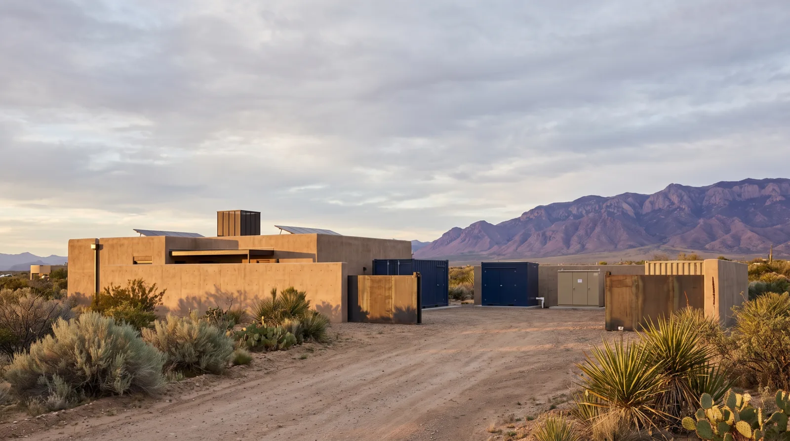AI-generated illustration of an imagined engineering facility in a high-desert landscape