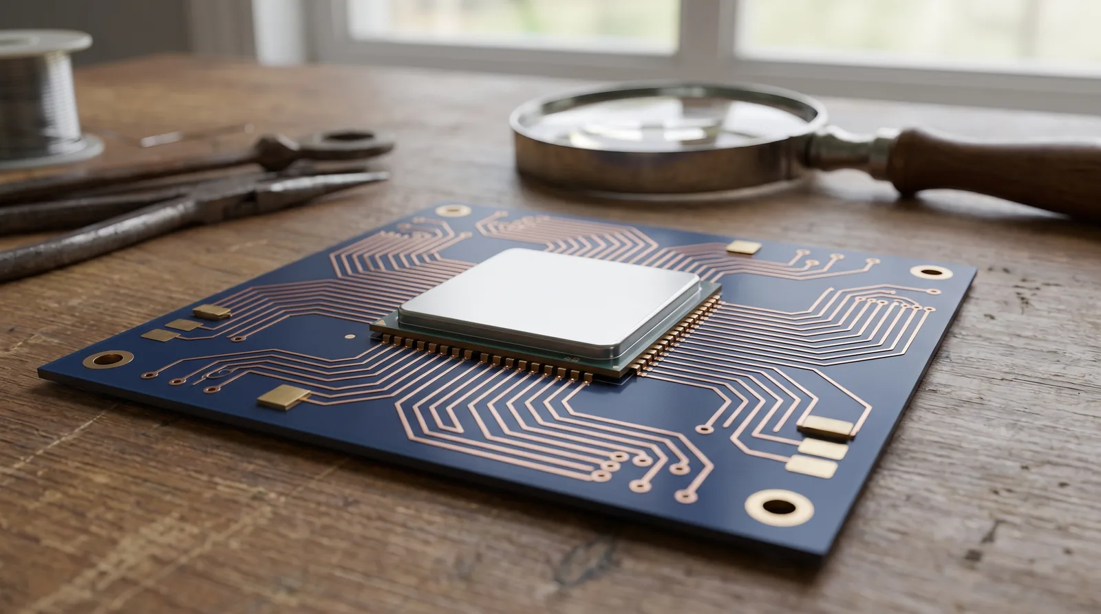 AI-generated illustration of a compute board on an engineering bench