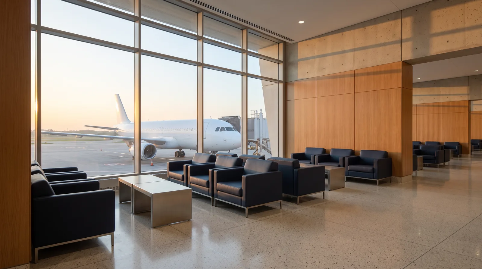 AI-generated illustration of an airport concourse at sunrise