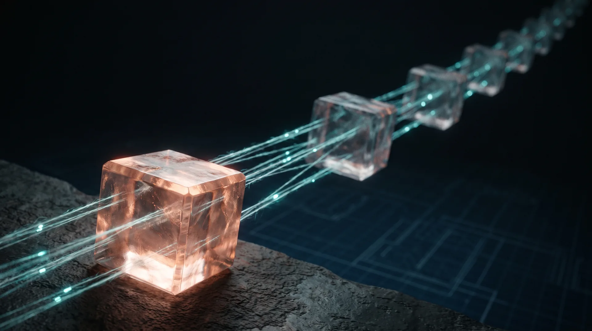 Chain of crystalline audit blocks linked by glowing threads