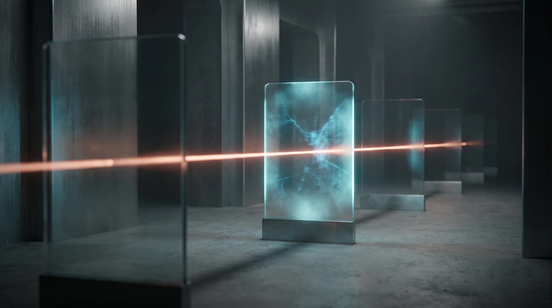 Corridor of translucent security gates with a beam of copper light passing through