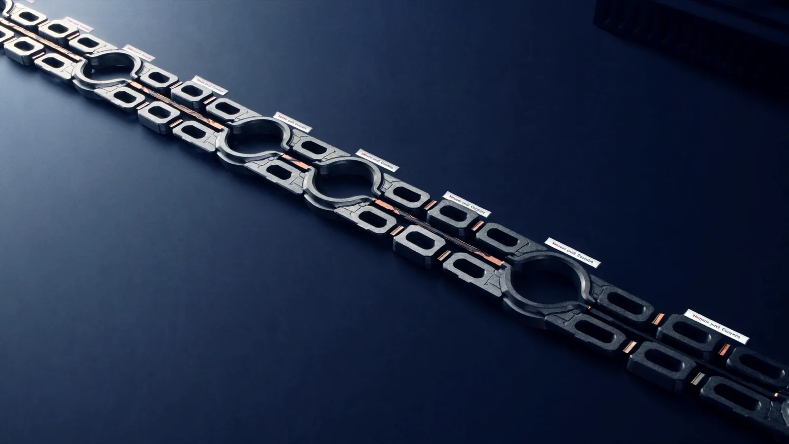 AI-generated editorial image of precision metal links arranged on an engineering inspection table